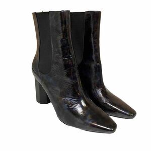 Donald Pliner Laila Black Patent Leather Chunky Heel Boots Iridescent Size 8.5